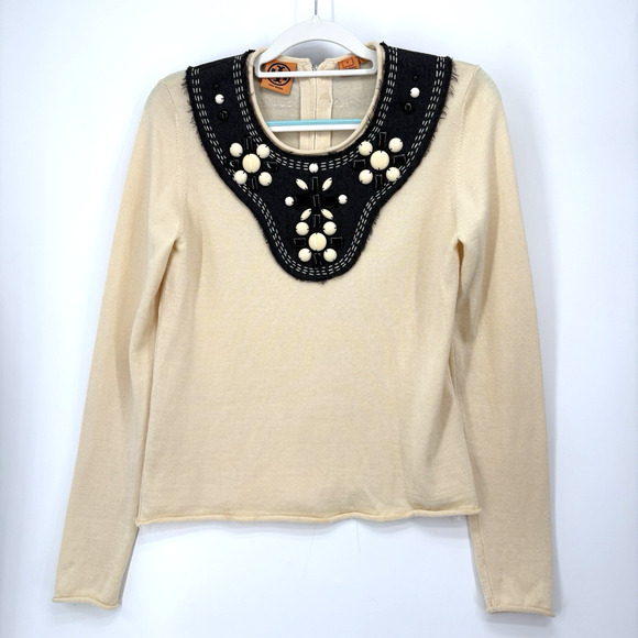 Tory Burch Sweater Medium Ivory Beaded Boho Merino Wool Top - Picture 1 of 7